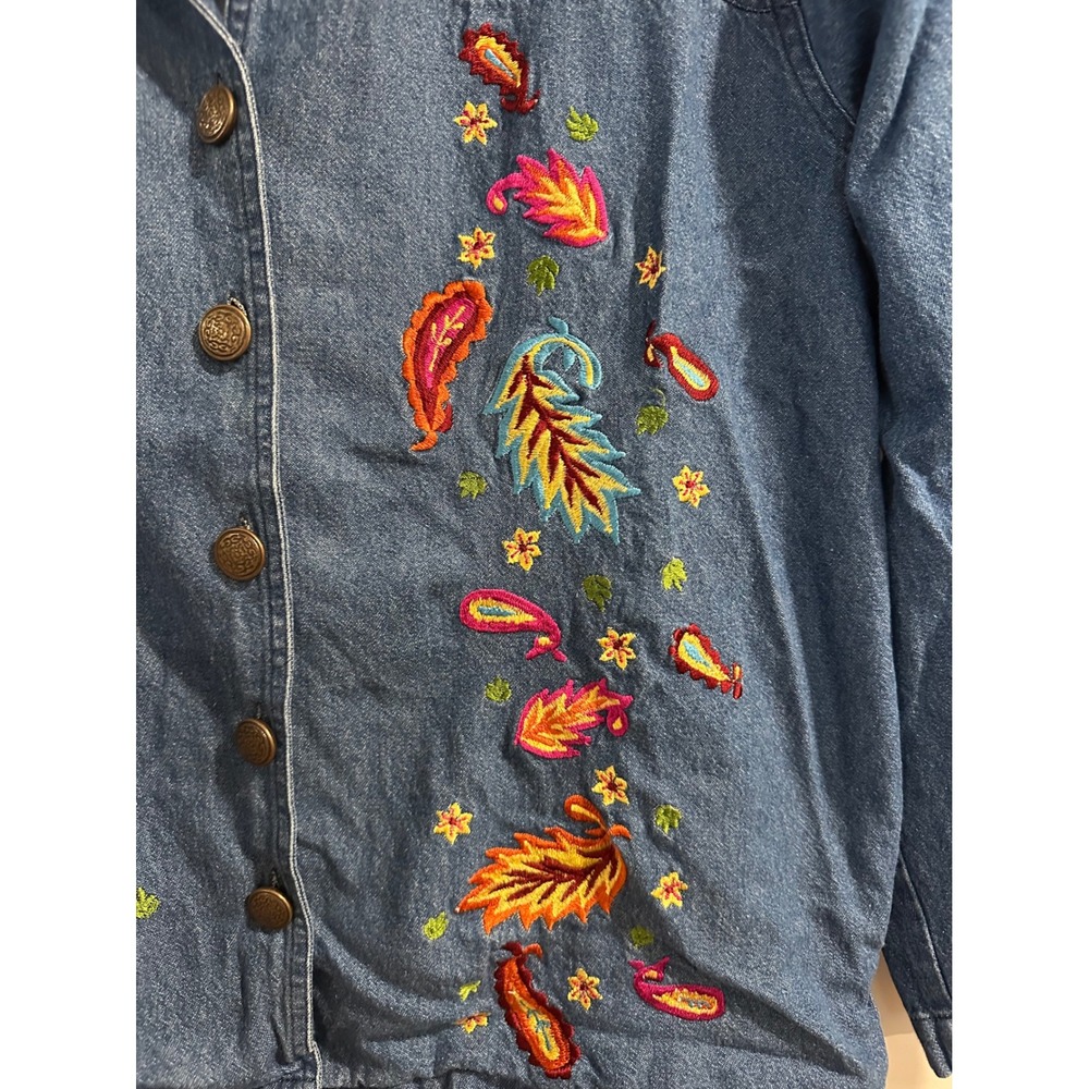 National Denim Embroidered Floral Paisley Button Front Shirt Jacket Blue 14P - Picture 2 of 5
